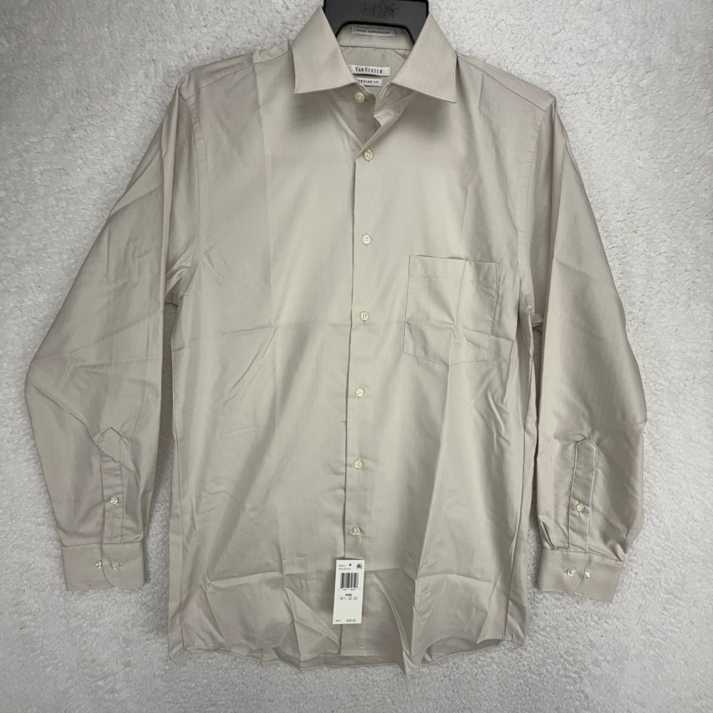 Van‎ Heusen Regular Fit Dress Shirt Mens 14.5 32/33 Tan Herringbone 20F6000250